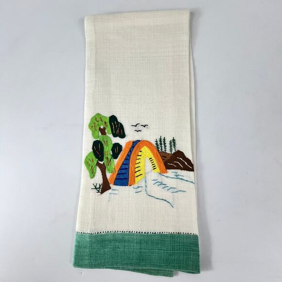 50s Camping Tea Towel Embroidered Lace Applique Forest Lrg Vtg Table Doily Linen - Picture 1 of 6